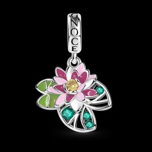 🎆Gnoce Sterling Silver Water Lily with Rhinestones Dangle Bracelet Charm